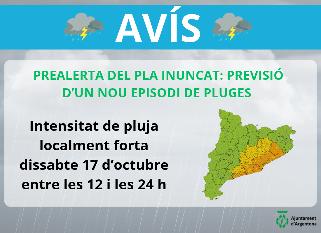Imatge de l'avís de prealerta INUNCAT per al 17 d'octubre a Argentona