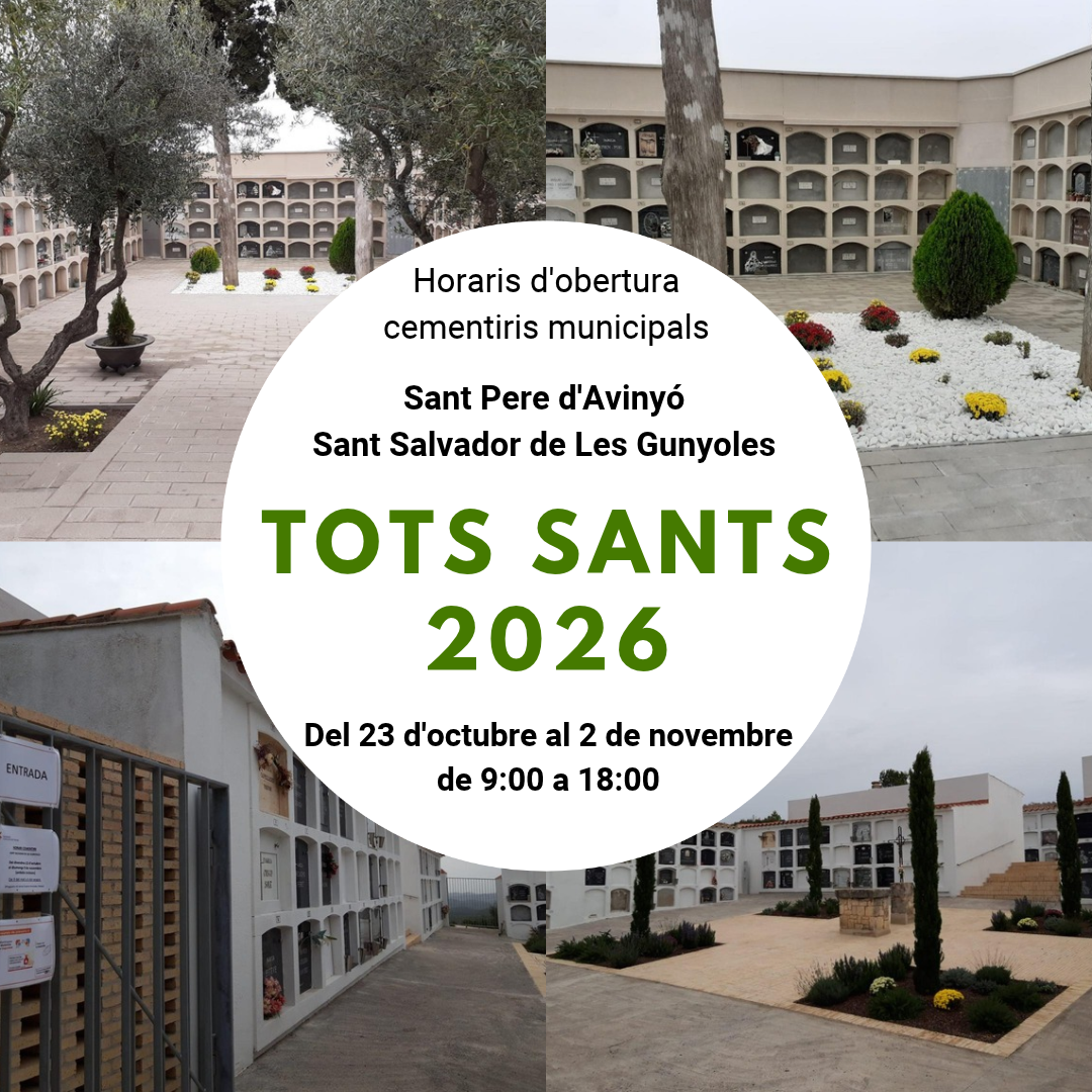 Cartell amb els horaris d'obertura dels cementiris municipals d'Avinyonet del Penedès