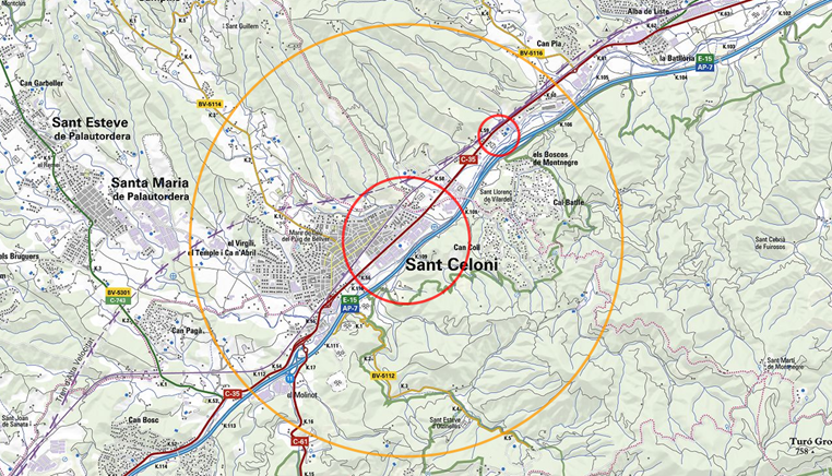 Mapa de la zona d'alerta per risc químic a Santa Maria de Palautordera
